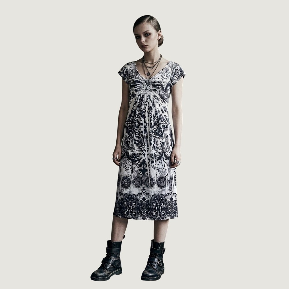 Apt. 9 Y2K Grunge Black White Damask Print Rhinestone Empire Waist Midi Dress S